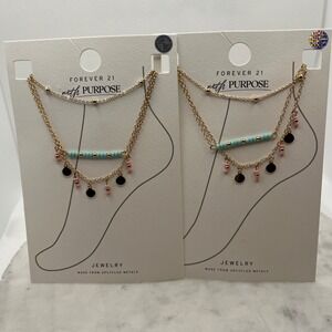 Blue Pink Gold Anklet Set Two Piece Forever 21 Layered Gold Tone Metal Turquoise